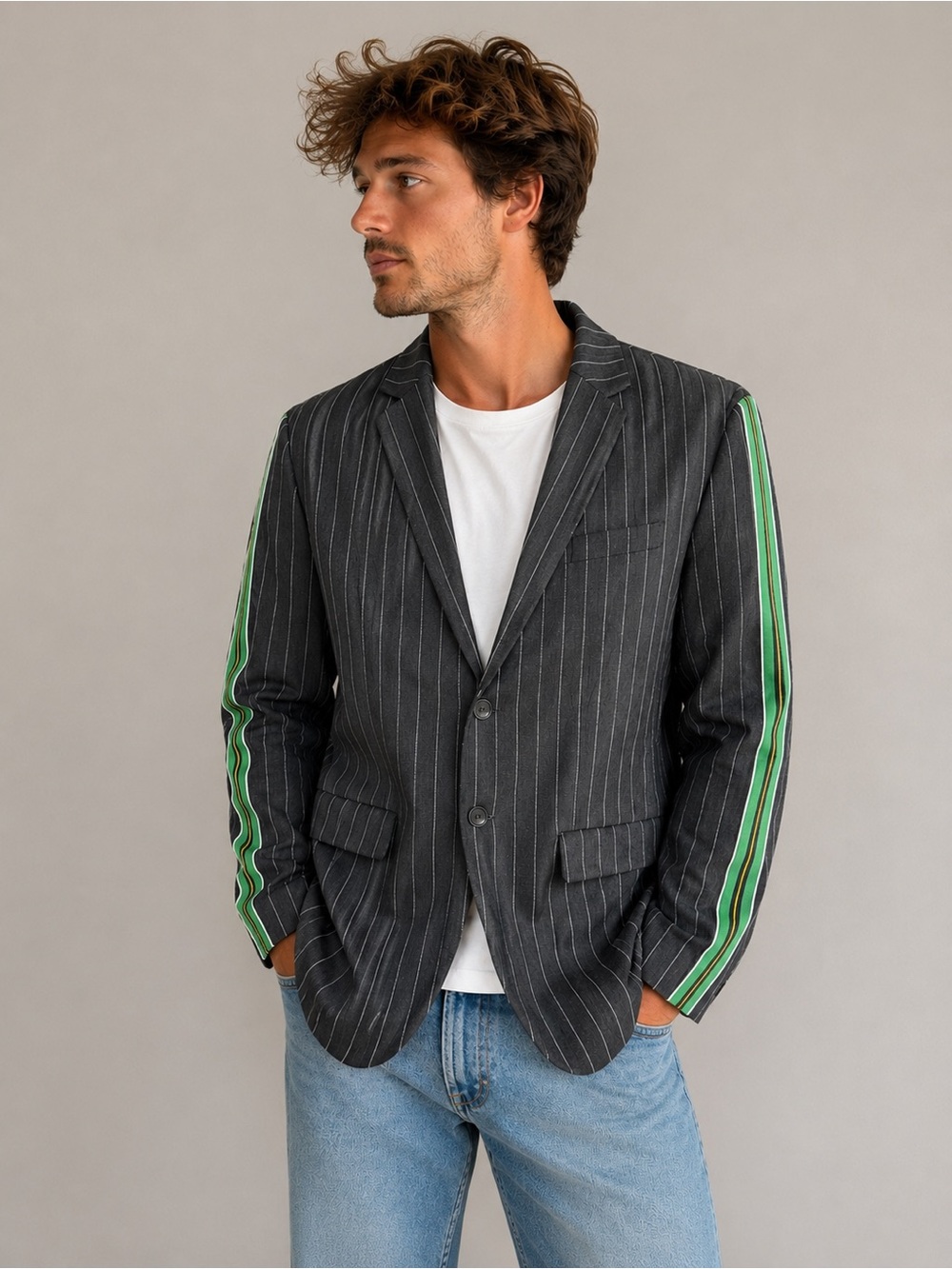 ZARA Pinstripe Blazer Jacket w/ Green Side Stripe Detail Size L